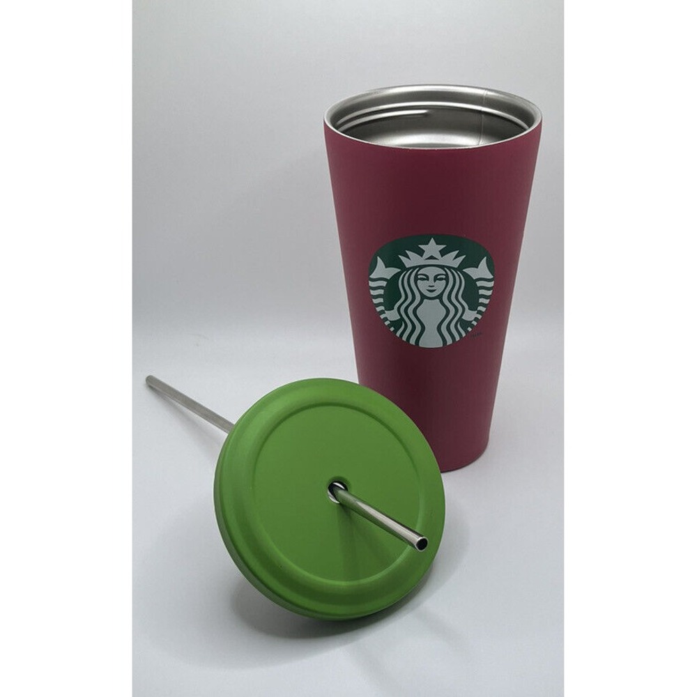 Starbucks 2014 Mermaid Pink Green 16oz Stainless Cold Cup Tumbler w/ Metal Straw